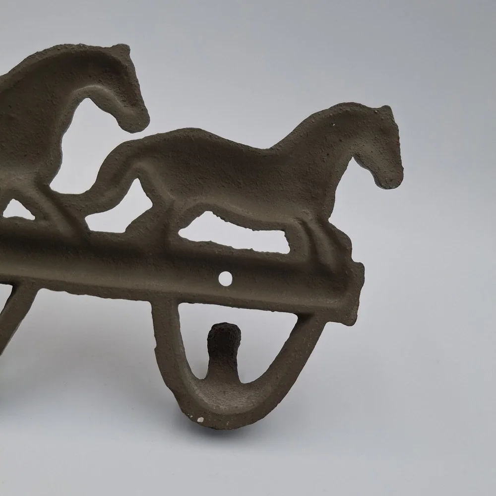 Vintage Rustic Cast Iron Running Horses Wall Hook Rack 3 Hook Western Decor 12